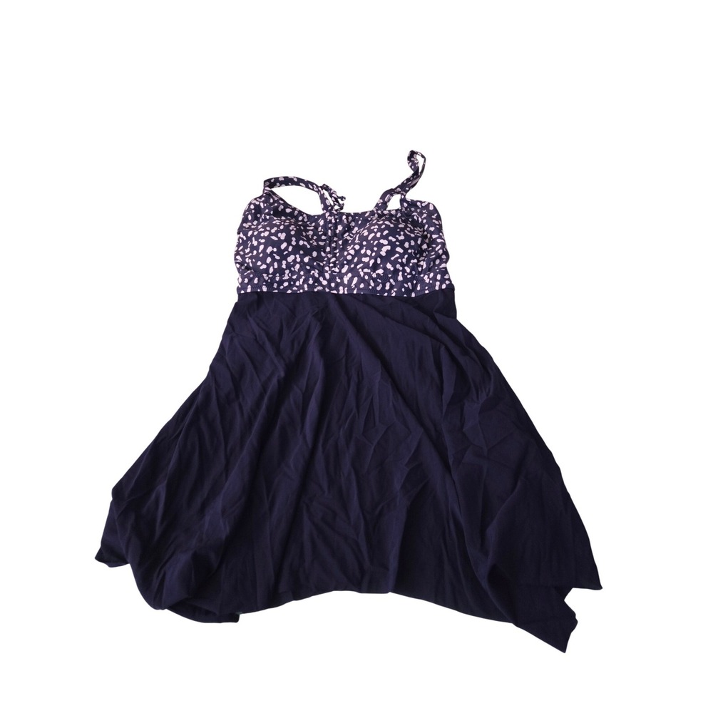 Daci Womens Navy Blue White Print Swimdress 2 Piece Swimsuit Set with Boy Shorts